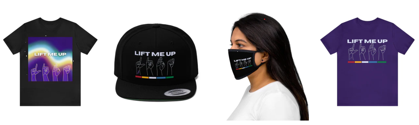 iMAGE of a shirt, cup mask and hat with the lift me up logo on it